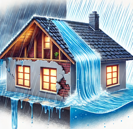 An illustration contrasting a leaking roof and a waterproofed roof during heavy rain. 