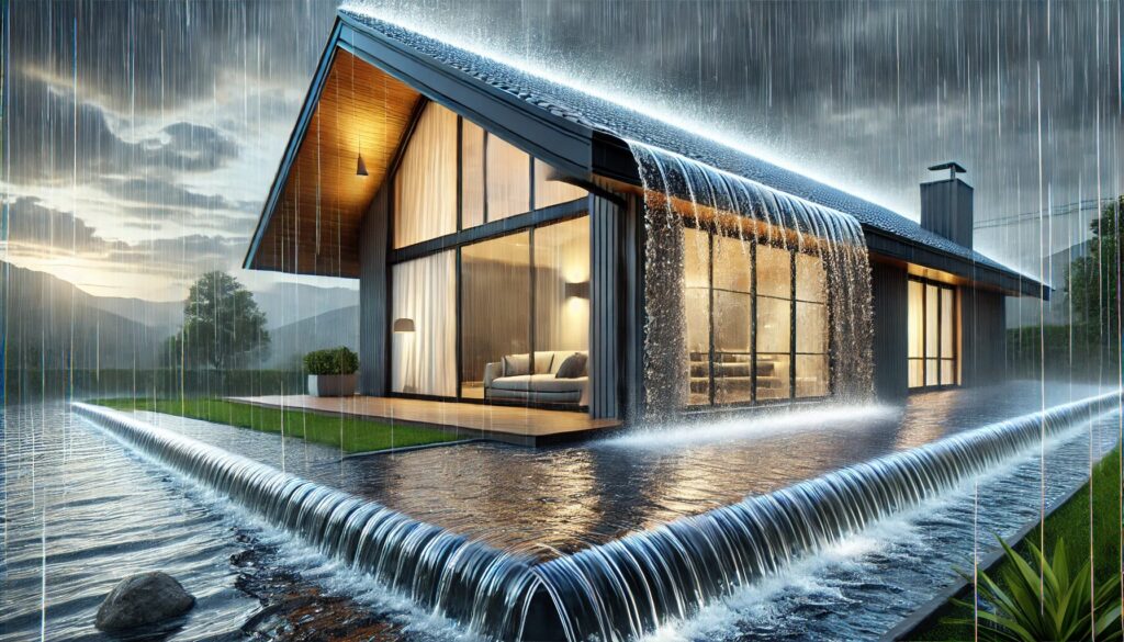 Photorealistic image of a modern home with a waterproof roof during heavy rainfall. Water slides off the roof efficiently, showcasing the waterproofing treatment in action, with a cloudy sky and realistic outdoor setting